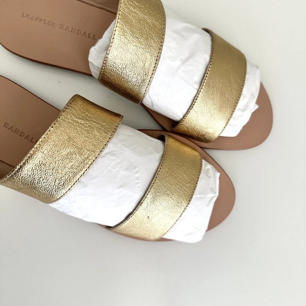 NEW LOEFFLER RANDALL Metallic Gold Leather Double Strap Flat Sandals Size 8 - Picture 6 of 7